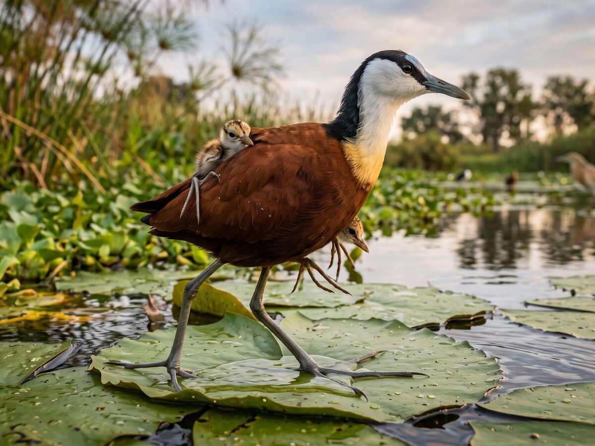 A jacana walking across lily pads with one chick riding on its back and another tucked under its wing